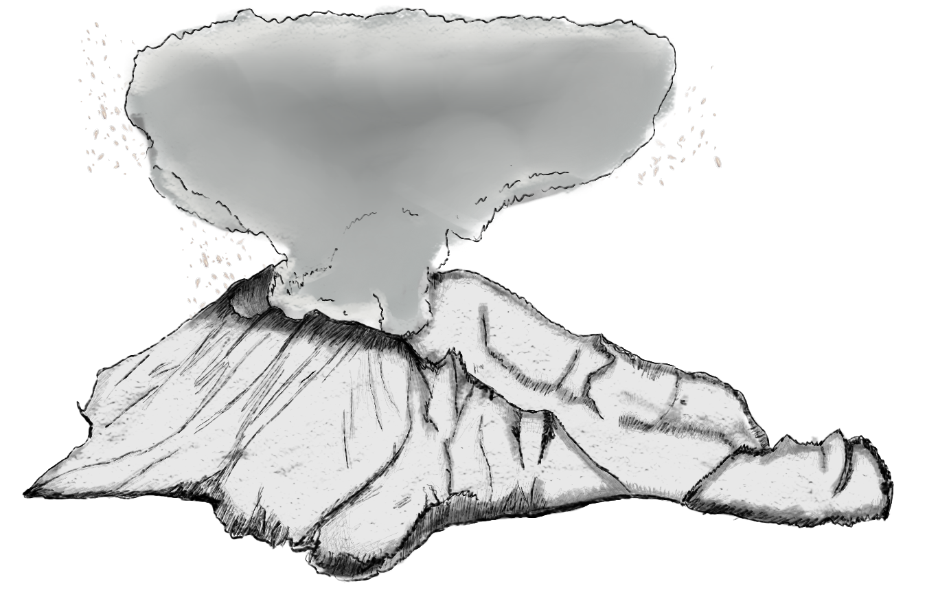 Ilustración. En el centro de un óvalo de fondo gris oscuro, se muestra un volcán en erupción del cual emerge una nube de humo que ocupa la parte superior. El contorno del volcán forma también la silueta de un rostro humano recostado de perfil. En la parte superior central se encuentra el texto: «Volcanes». Más abajo, centrado, aparece el texto: «Lo que arde sin aviso». En la parte inferior central, dentro de un recuadro con borde delgado, se lee: «Acceder este archivo».